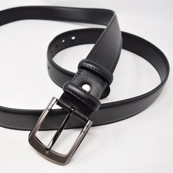 Faux Leather Belt Men 61 65 Black Career Professional Silvertone Buckle Preppy - Picture 6 of 11